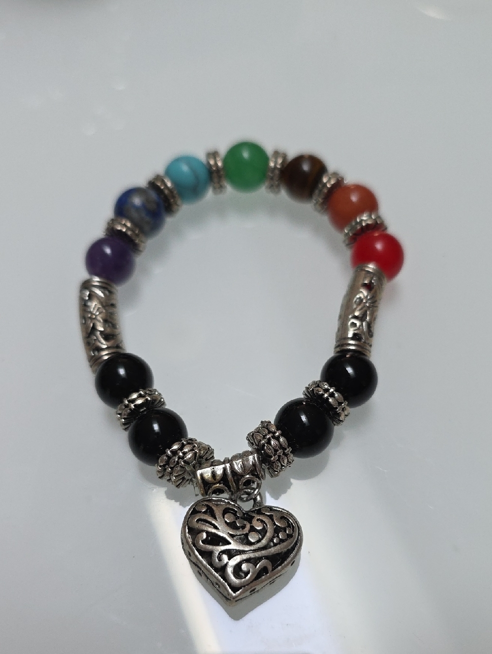 Multi-Color Chakra Beaded Bracelet with Silver Heart Charm